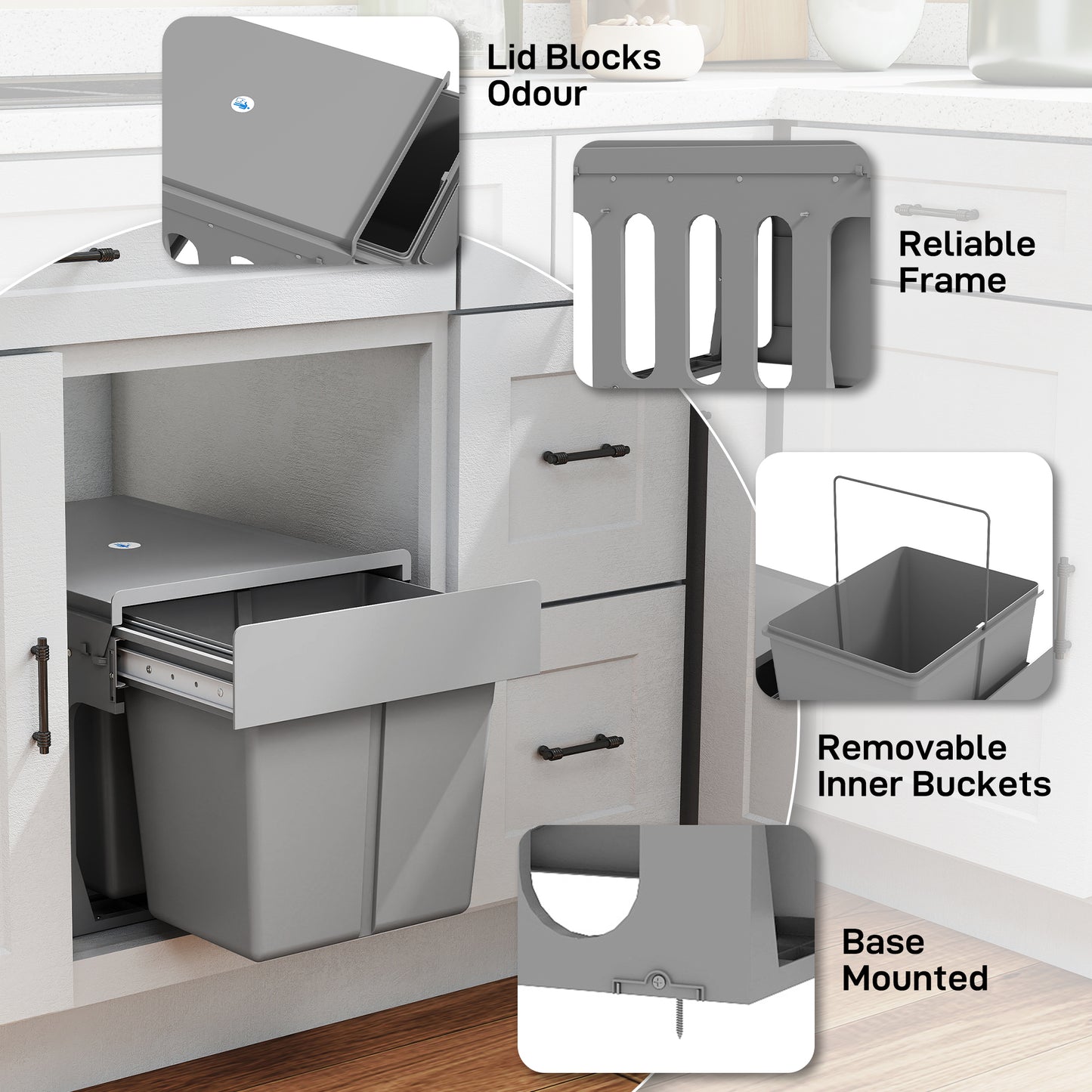 HOMCOM Pull Out Bin, Under Sink Bin - 2 Removable Compartments (15L Each) for 400mm Cabinets, Light Grey