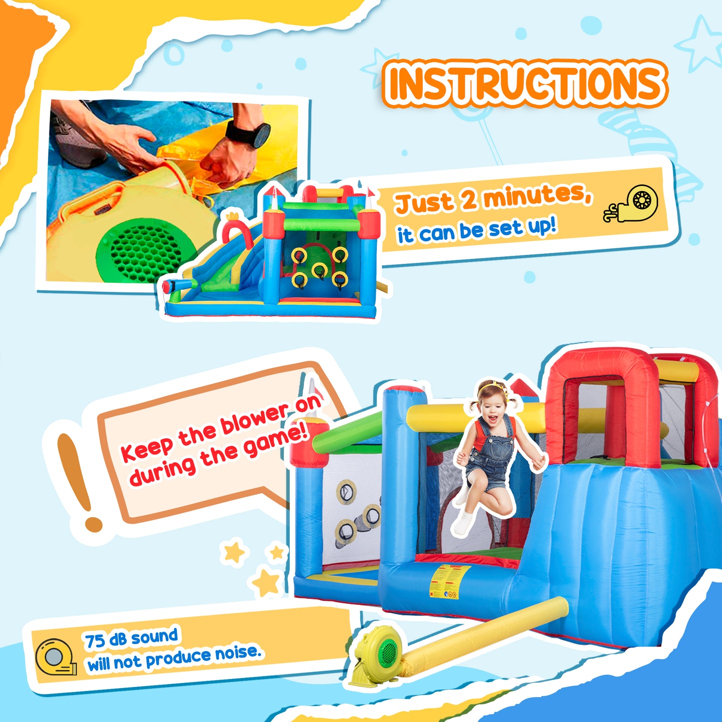 Outsunny 6 in 1 Kids Bouncy Castle, with Water Slide, Water Gun, Climbing Wall, Air Blower for Indoors/Outdoors, 3.9 x 3 x 2m