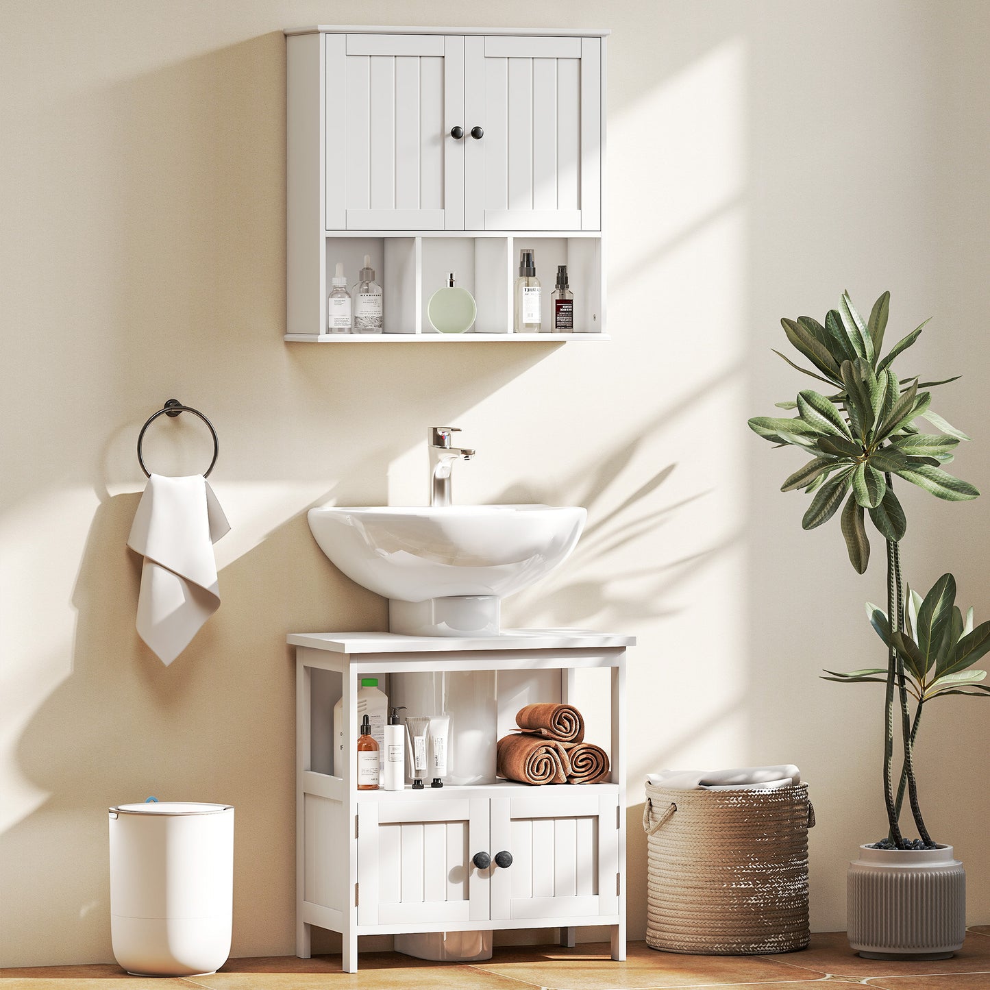 HOMCOM Farmhouse Bathroom Wall Cabinet, Wall Mounted Medicine Cabinet with Adjustable Shelf, Open Compartments, White