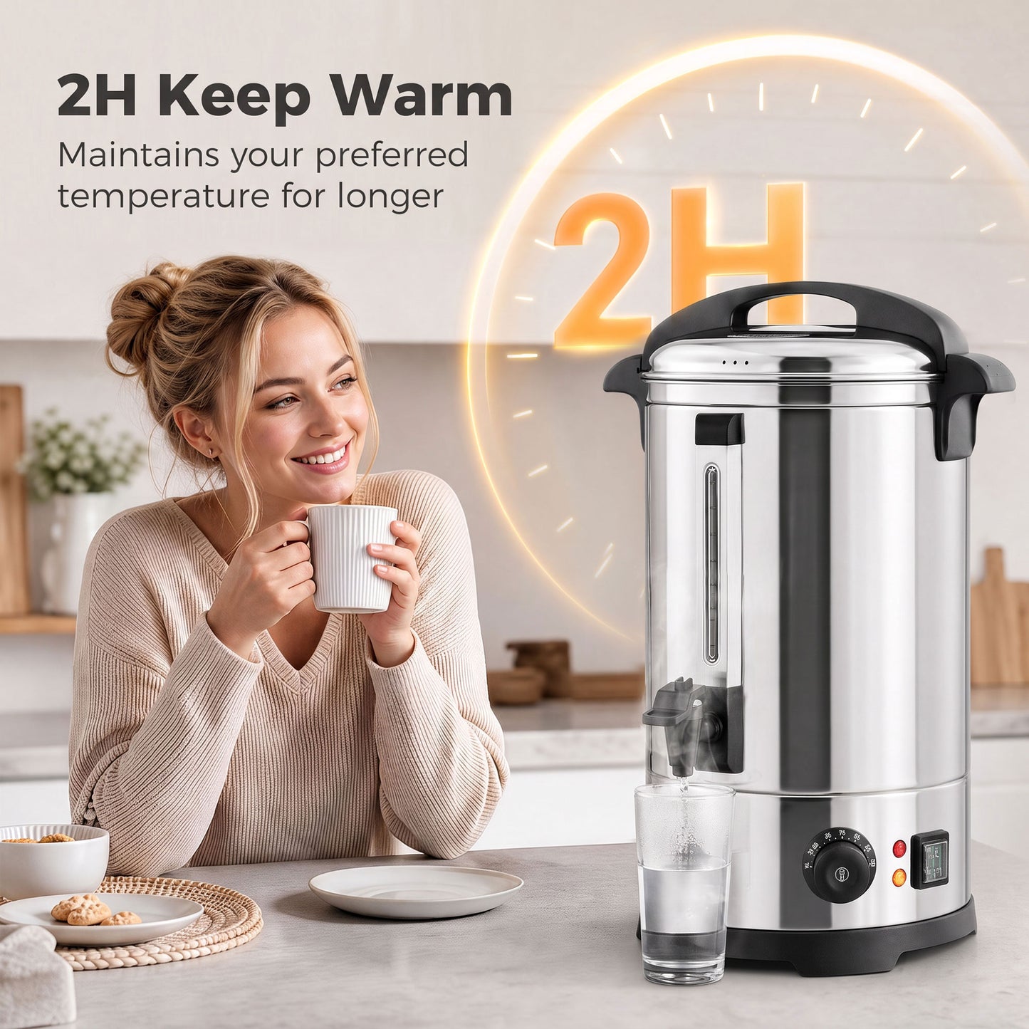 HOMCOM 13L Catering Urn, 2500W Stainless Steel Hot Water Boiler Dispenser with Thermostat, Keep Warm Function and Easy Pour Tap