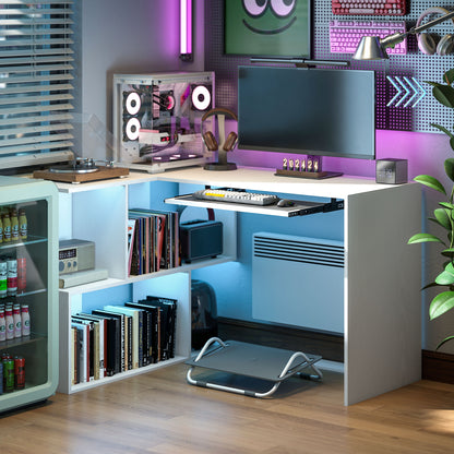 HOMCOM L-Shaped Corner Desk, Computer Desk with Keyboard Tray and Open Shelves, White Wood Effect