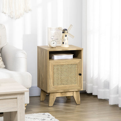 HOMCOM Chest of Drawer with 4 Rattan Drawers, Beside Table with Door, Natural