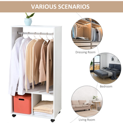 HOMCOM Open Wardrobe on Wheels, Bedroom Wardrobe with Clothes Hanging Rail, 2 Storage Shelves, Mobile Garment Rack for Cloakroom, Hallway, White