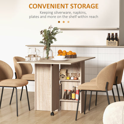 HOMCOM 80-140 cm Folding Dining Table for 4-6 People, Drop Leaf Table with 2-Tier Shelves, Rolling Casters, for Small Spaces, Kitchen, Flat, Dining Room, Natural