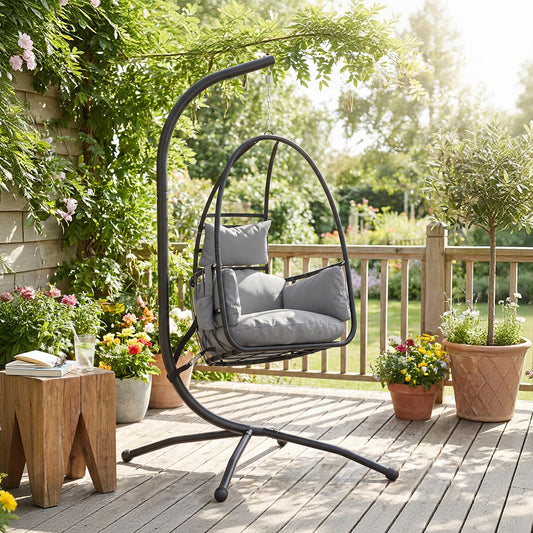 Outsunny Hanging Egg Chair, Indoor Outdoor Swinging Hammock Chair with Stand, Foldable Basket, Side Pocket, Dark Grey