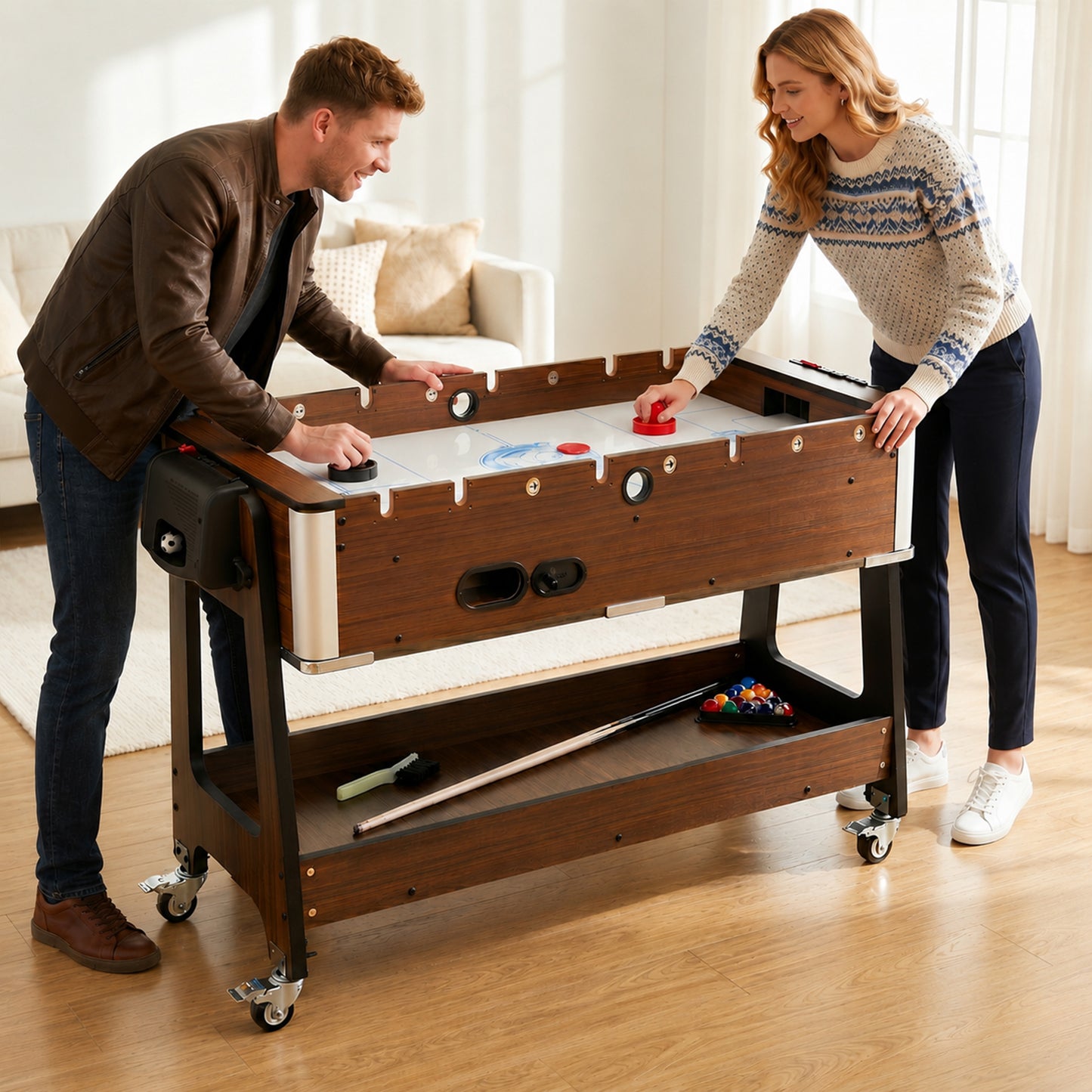 SPORTNOW 3 in 1 Multi Game Table, 3.4ft Reversible Air Hockey Pool Football Games Table with Lockable Wheels, Storage Shelf