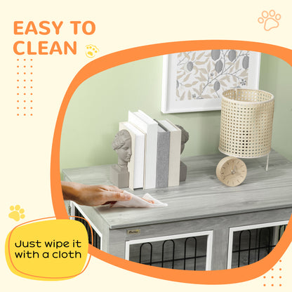 PawHut Dog Crate Furniture End Table, with Washable Cushion, Double Doors, for Medium/Large Dogs, Grey