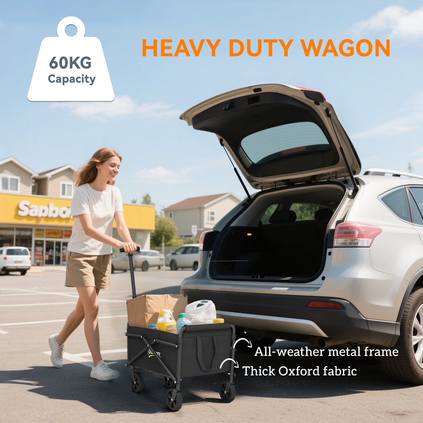 Outsunny 41L Festival Trolley on Wheels, Compact Garden Folding Trolley Cart, 60kg Heavy Duty Collapsible Foldable Wagon with Adjustable Handle and Carrying Bag for Beach, Camping, Festival, Black