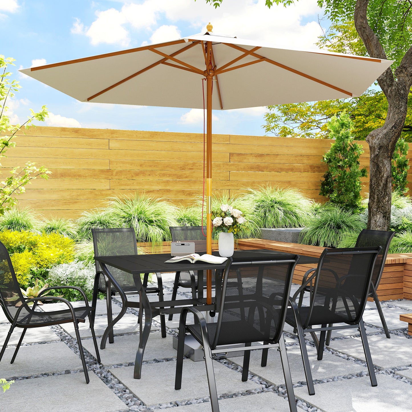 Outsunny Rectangle Garden Dining Table with Parasol Hole, Patio Table with Steel Frame and Slat Tabletop, 150cm x 90cm, Black