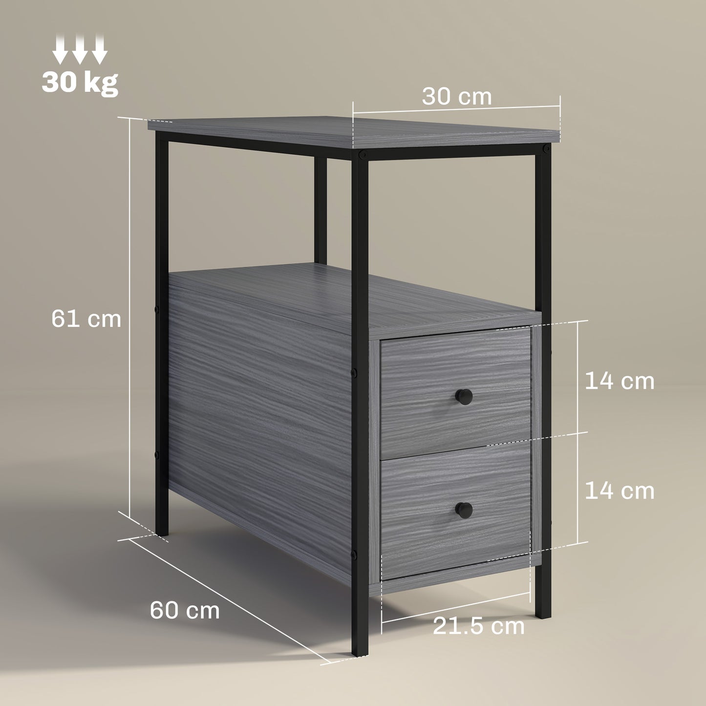 HOMCOM Side Table, Narrow Bedside Table with 2 Drawers and Storage Shelf, Industrial End Table with Metal Frame for Small Spaces, Grey Wood Grain