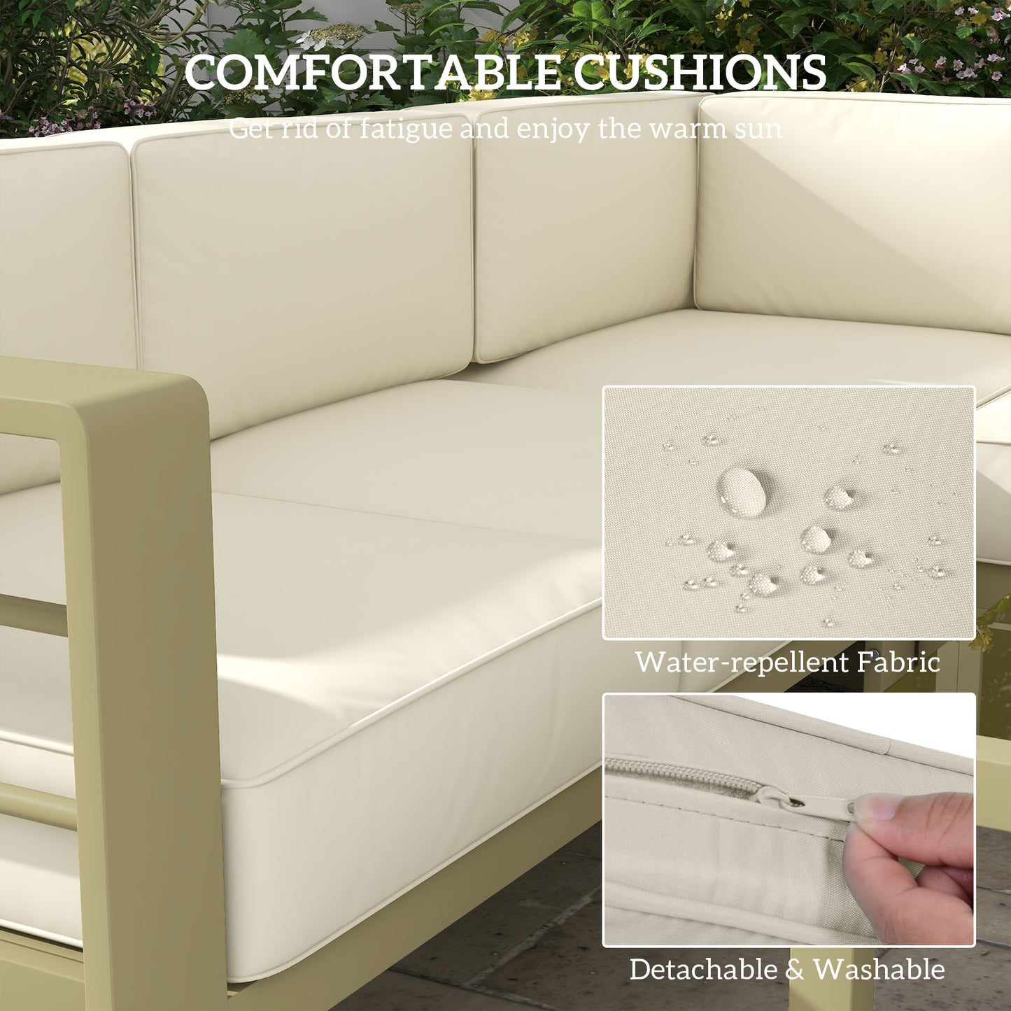 Outsunny 5-Piece Garden Corner Sofa Set with Cushions, 6 Seater Aluminium Garden Furniture Set with Glass Top Coffee Table, Patio Sectional Conservatory Furniture for Patio & Terrace, Gold Tone