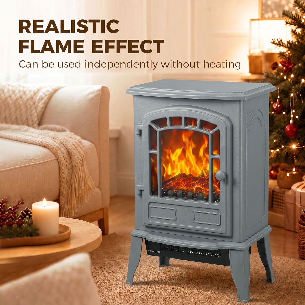 HOMCOM Electric Fireplace Stove, 1000W/2000W, Freestanding Electric Fire with LED Flame Effect, Adjustable Thermostat, Grey
