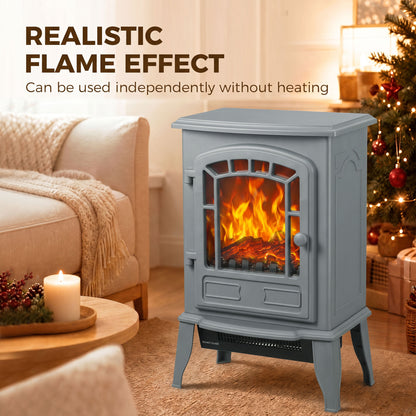 HOMCOM Electric Fireplace Stove, 1000W/2000W, Freestanding Electric Fire with LED Flame Effect, Adjustable Thermostat, Grey