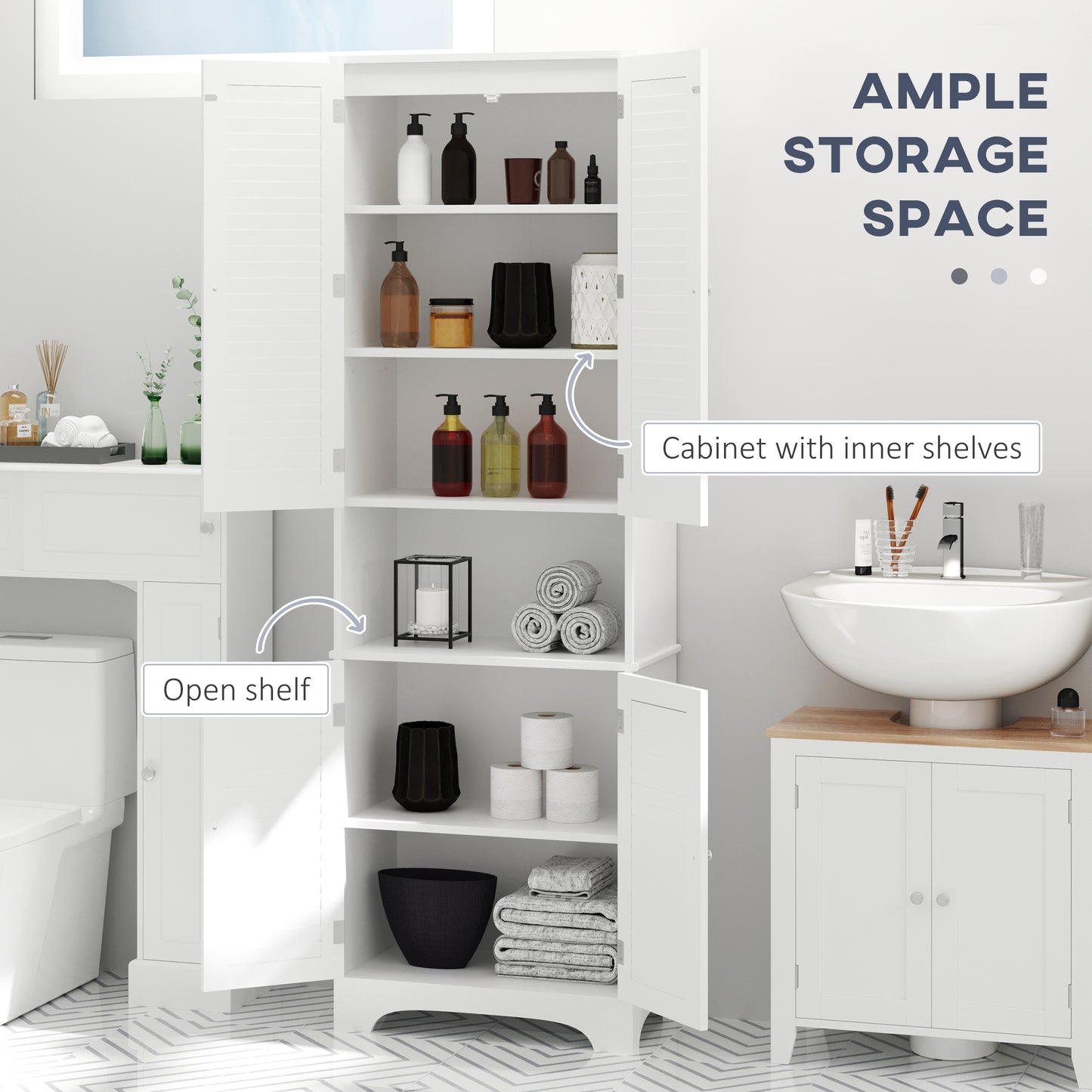 HOMCOM Tall Freestanding Bathroom Cabinet Retro Shutters w/ 3 Compartments Shelves Elevated Base Narrow Organiser White 60L x 30W x 182.5H cm