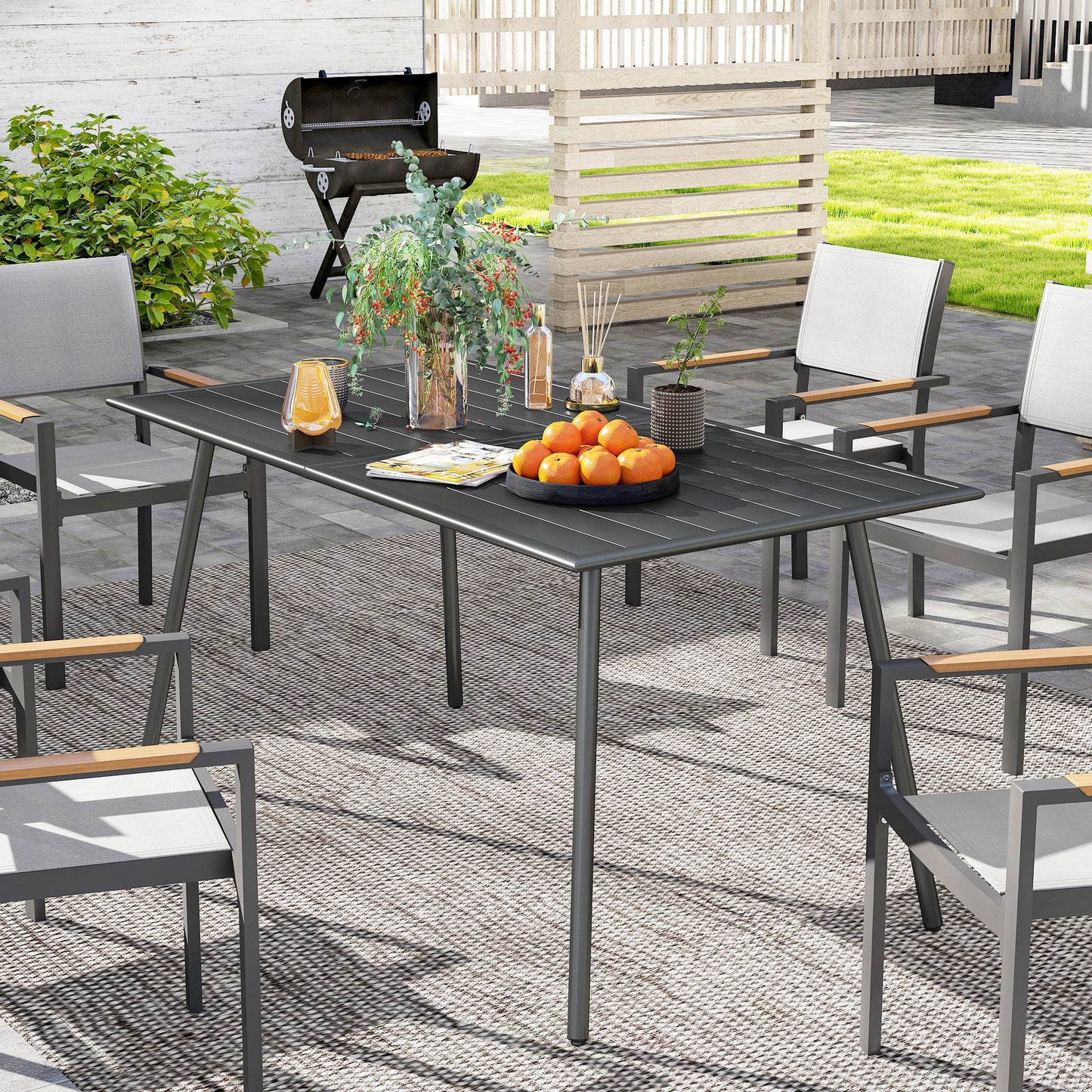 Outsunny Rectangle Garden Table with Slat Top, Steel Frame, Outdoor Table for 6 Person, 150 x 80 x 74 cm, Grey