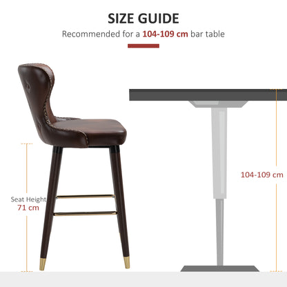 HOMCOM Bar Stools Set of 2, PU Leather Barstools with Back, Footrest and Wood Legs for Kitchen, Counter, Breakfast Bar, Brown