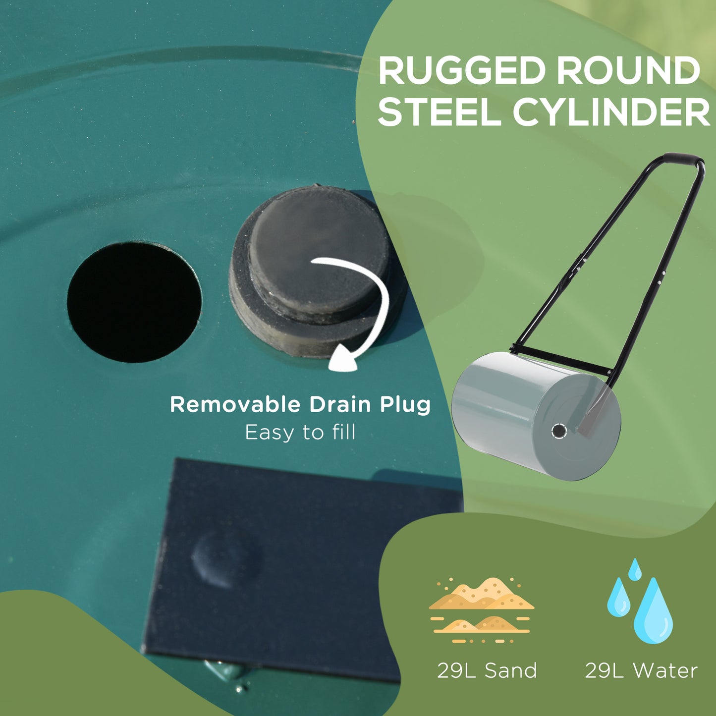 Outsunny 30 L Heavy Duty Water Or Sand Filled Φ30cm Garden Steel Lawn Roller Drum - Dark Green