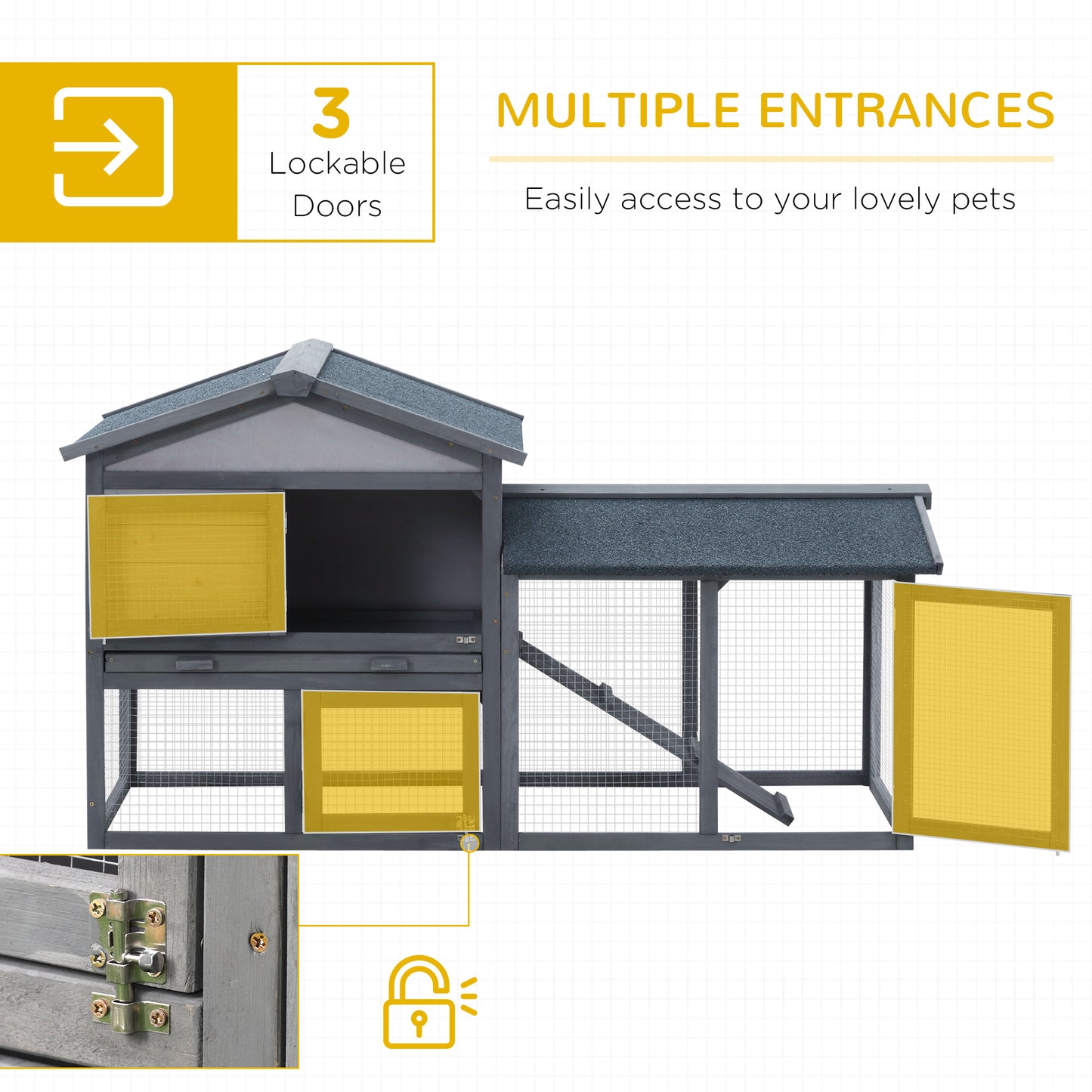 PawHut Wooden Rabbit Hutch Outdoor, Double Tier with Water-Resistant Roof, Ramp 147 x 54 x 84 cm, Grey