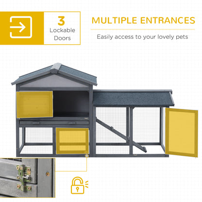 PawHut Wooden Rabbit Hutch Outdoor, Double Tier with Water-Resistant Roof, Ramp 147 x 54 x 84 cm, Grey