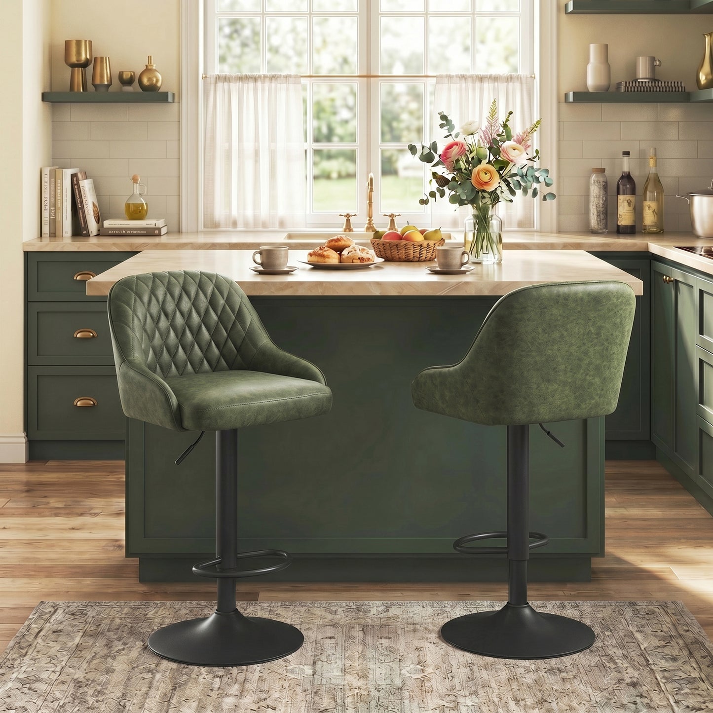 HOMCOM Bar Stools Adjustable Swivel Kitchen Chairs with Backrest Set of 2 for Kitchen Island Dark Green