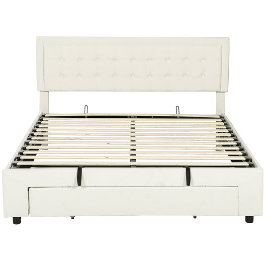 HOMCOM King Size Ottoman Bed Frame, with Front Drawer Cream