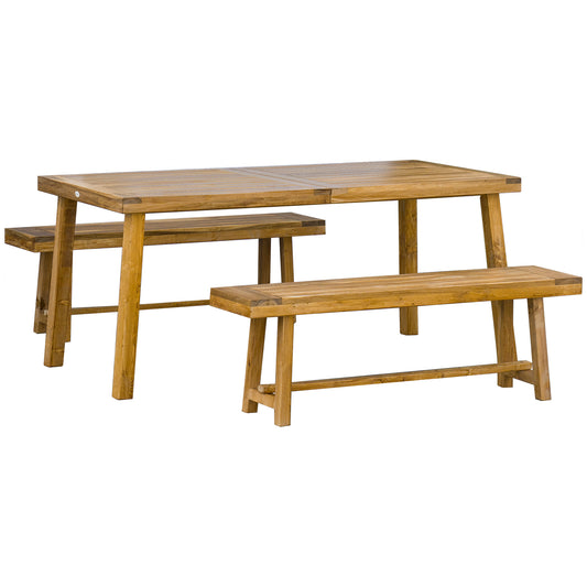 Outsunny 3 Pieces Picnic Bench Set with Table and 2 Benches, Acacia wood Dining Trestle Beer Table and Seat,  Natural Wood Finish--ChewyGames-ChewyGames