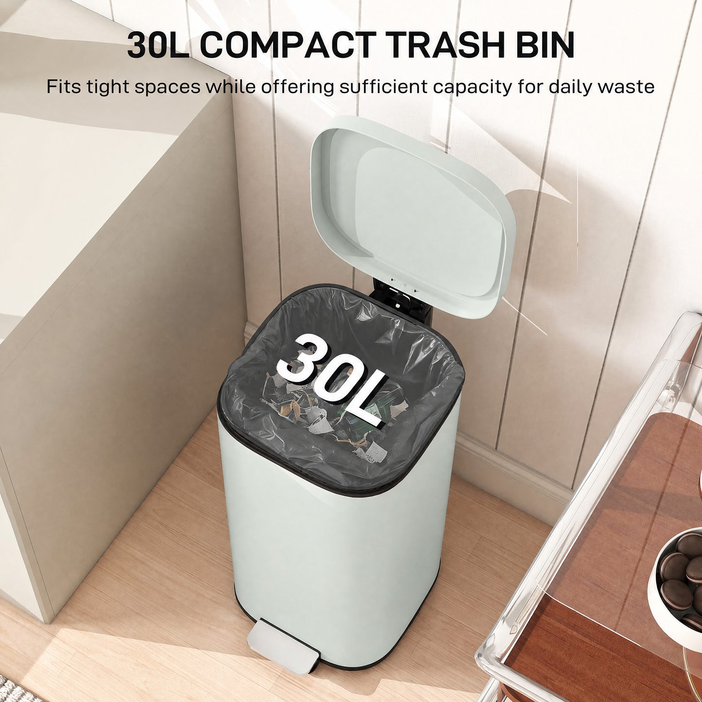 HOMCOM 30L Kitchen Bin, Compact Pedal Bin with Soft-Close and Stay-Open Lid, Removable Bucket for Kitchen, Home, Office, Green