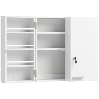 HOMCOM Wall Mount Medicine Cabinet with Key Lock, 3 Tier First Aid Cabinet with 2 Doors and 11 Storage Compartments, White
