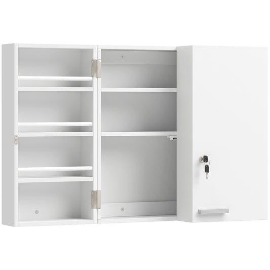 HOMCOM Wall Mount Medicine Cabinet with Key Lock, 3 Tier First Aid Cabinet with 2 Doors and 11 Storage Compartments, White