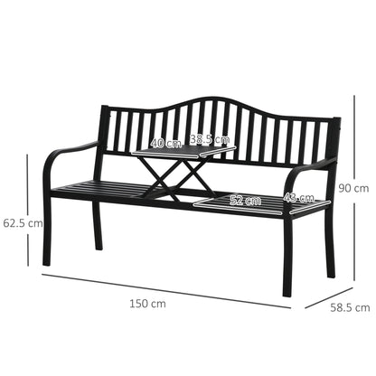 Outsunny Metal Outdoor Bench with Liftable Middle Table, Patio Loveseat, Garden Bench for Garden, Porch, Seats 2–3 People, Black