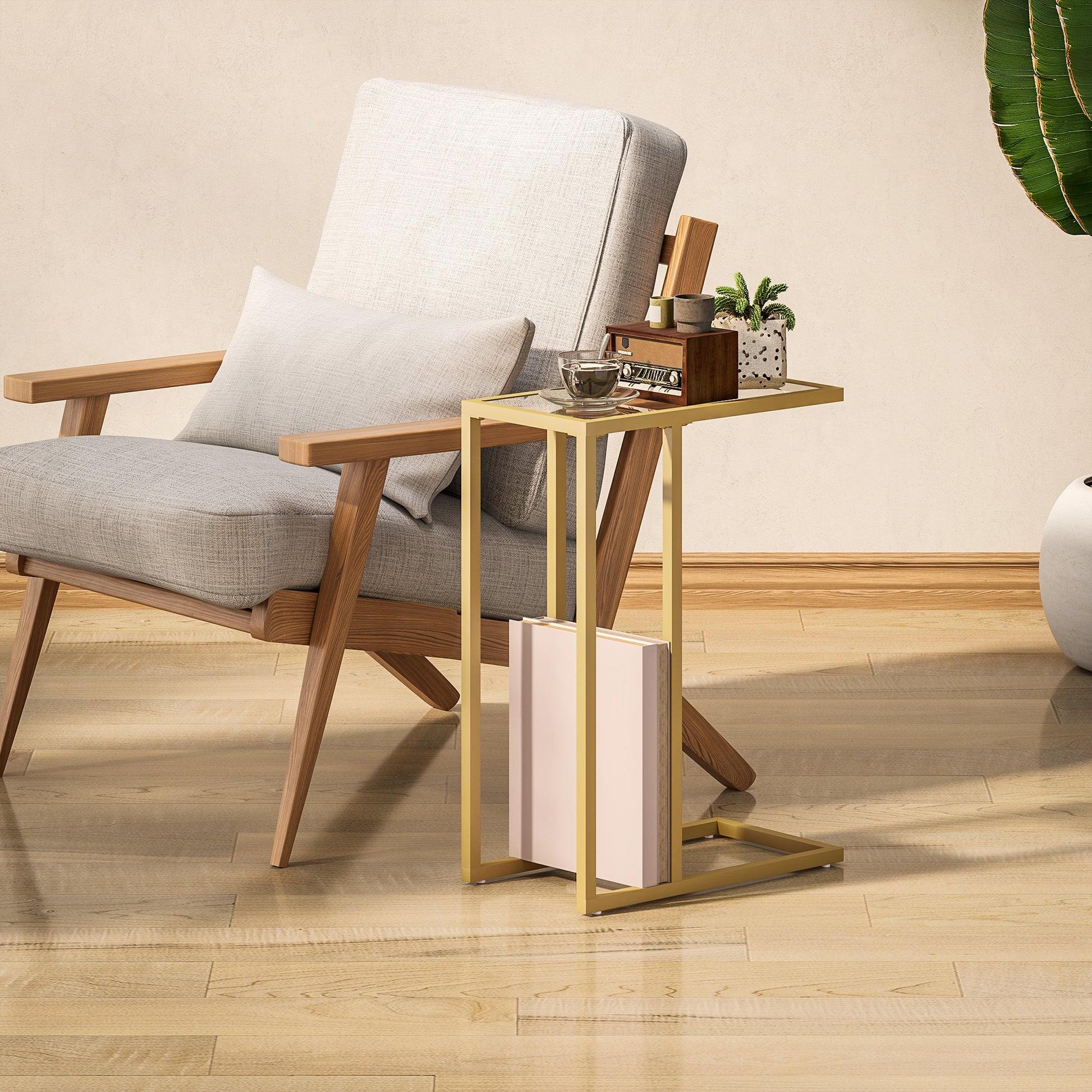 HOMCOM C-Shaped Side Table, Modern Slim End Table with Tempered Glass Tabletop, Steel Frame for Small Space, Living Room, Bedroom, Gold Tone-End Tables-ChewyGames-ChewyGames
