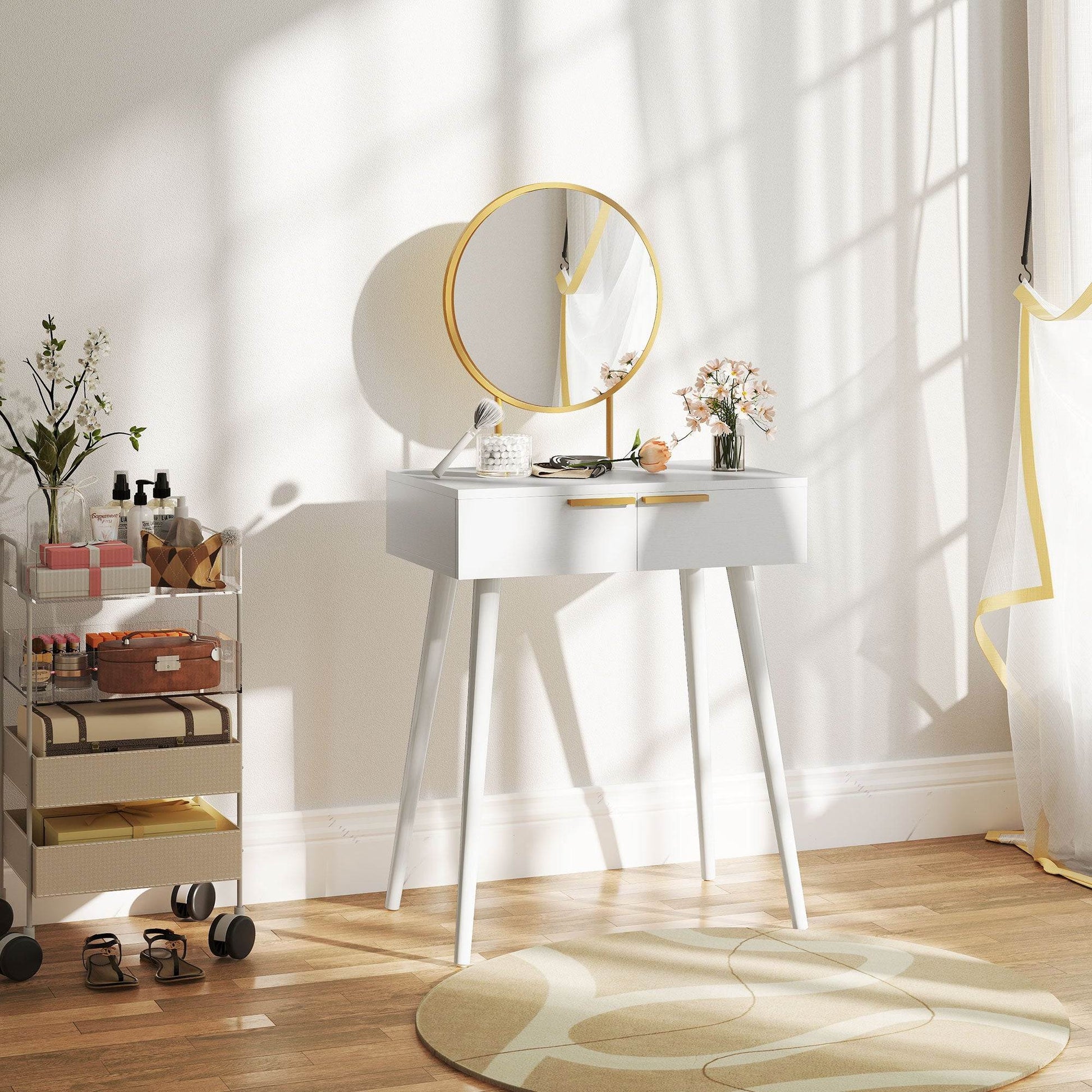 HOMCOM Elegant Dressing Table, with Round Mirror, 60 x 40 x 123 cm - White