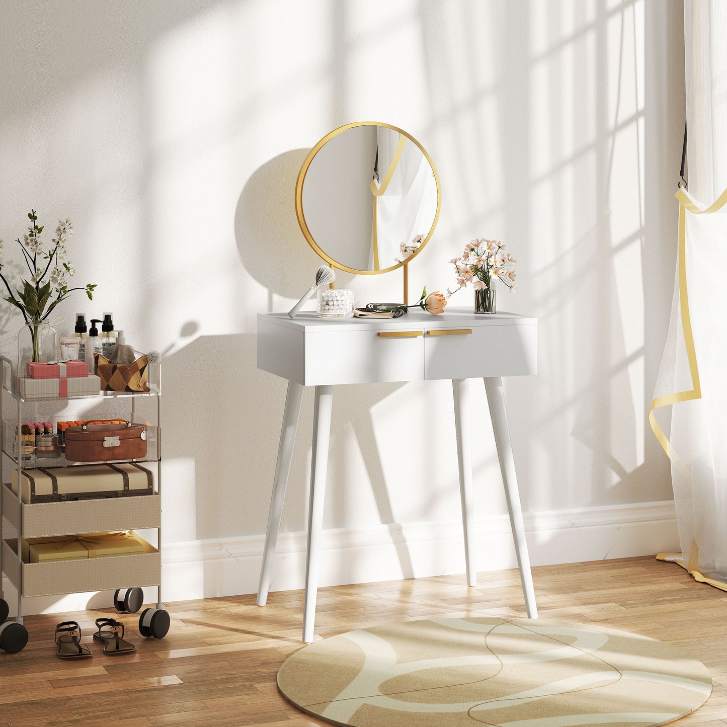 HOMCOM Elegant Dressing Table, with Round Mirror, 60 x 40 x 123 cm - White