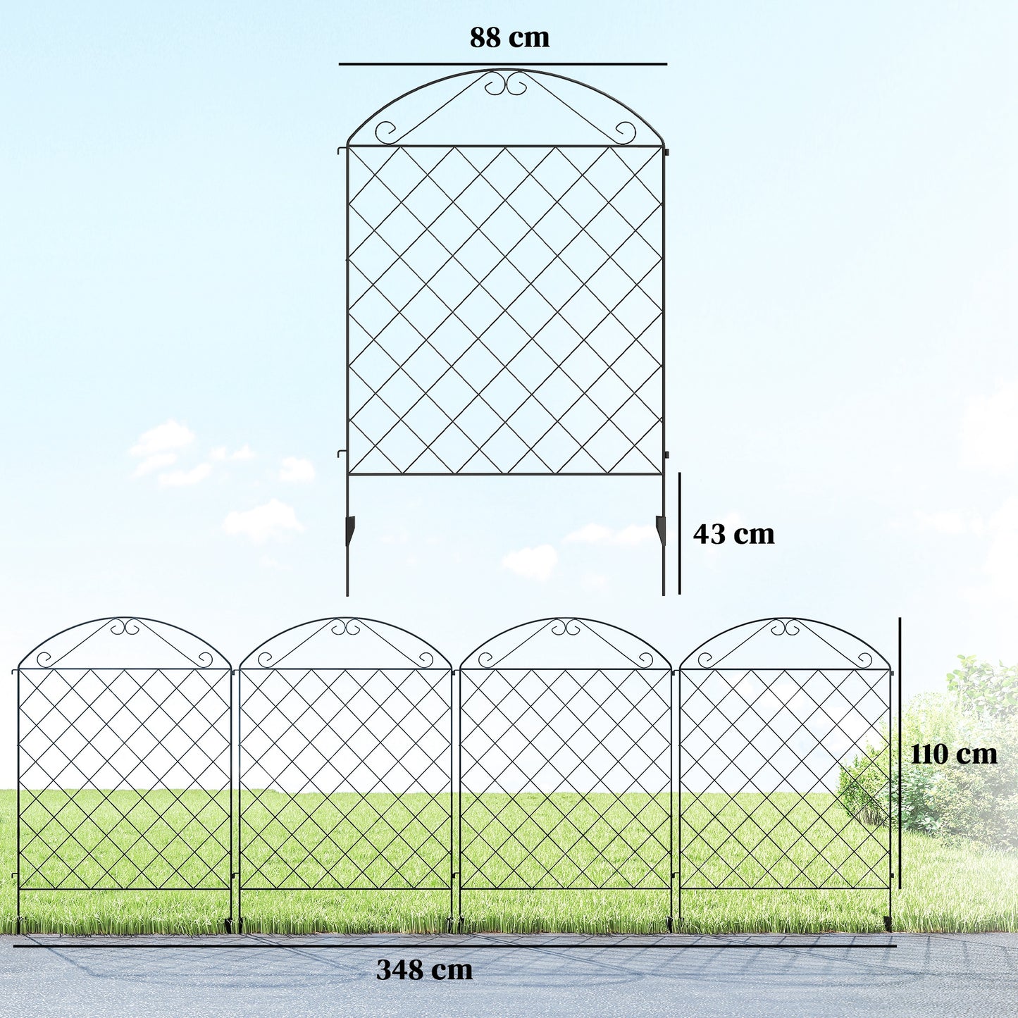 Outsunny 43in x 11.5ft Decorative Garden Fencing,  4PCs Rustproof Metal Wire Outdoor Picket Fence Panels, Black