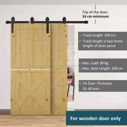 HOMCOM 6.6FT/200cm Sliding Barn Door Hardware Track Kit, 90kg Heavy Duty Carbon Steel Sliding Door Rail for 2 Doors, Black