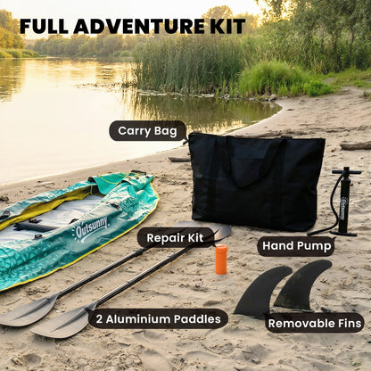 Outsunny 12.5' Inflatable Kayak Set, 2-person Sit on Canoe with Aluminium Oars, Blue and Yellow