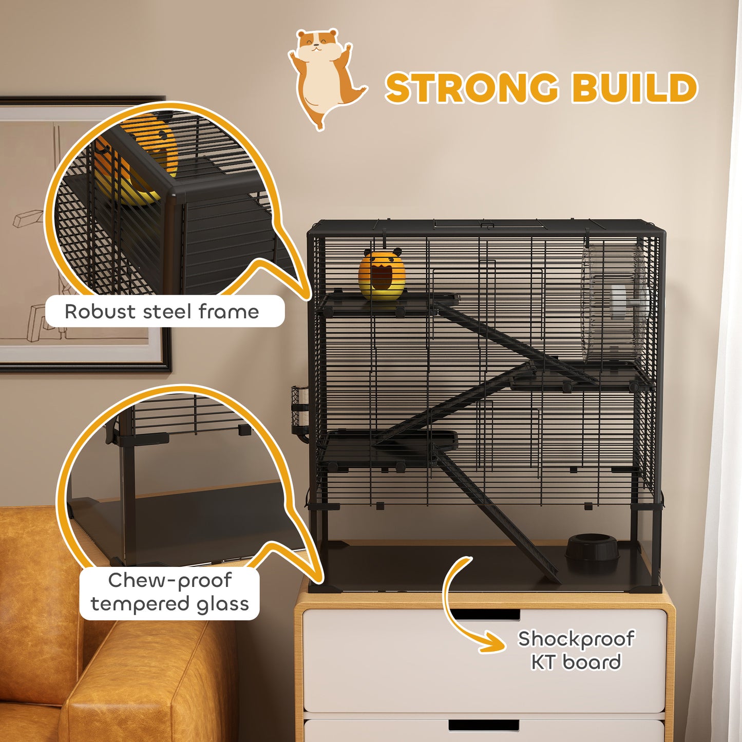 PawHut Four-Tier Hamster Cage with Deep Tempered Glass Bottom, Hut, Running Wheel, Food Dish, Water Bottle, 78.5 x 48.5 x 80cm