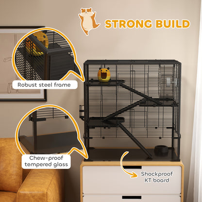 PawHut Four-Tier Hamster Cage with Deep Tempered Glass Bottom, Hut, Running Wheel, Food Dish, Water Bottle, 78.5 x 48.5 x 80cm