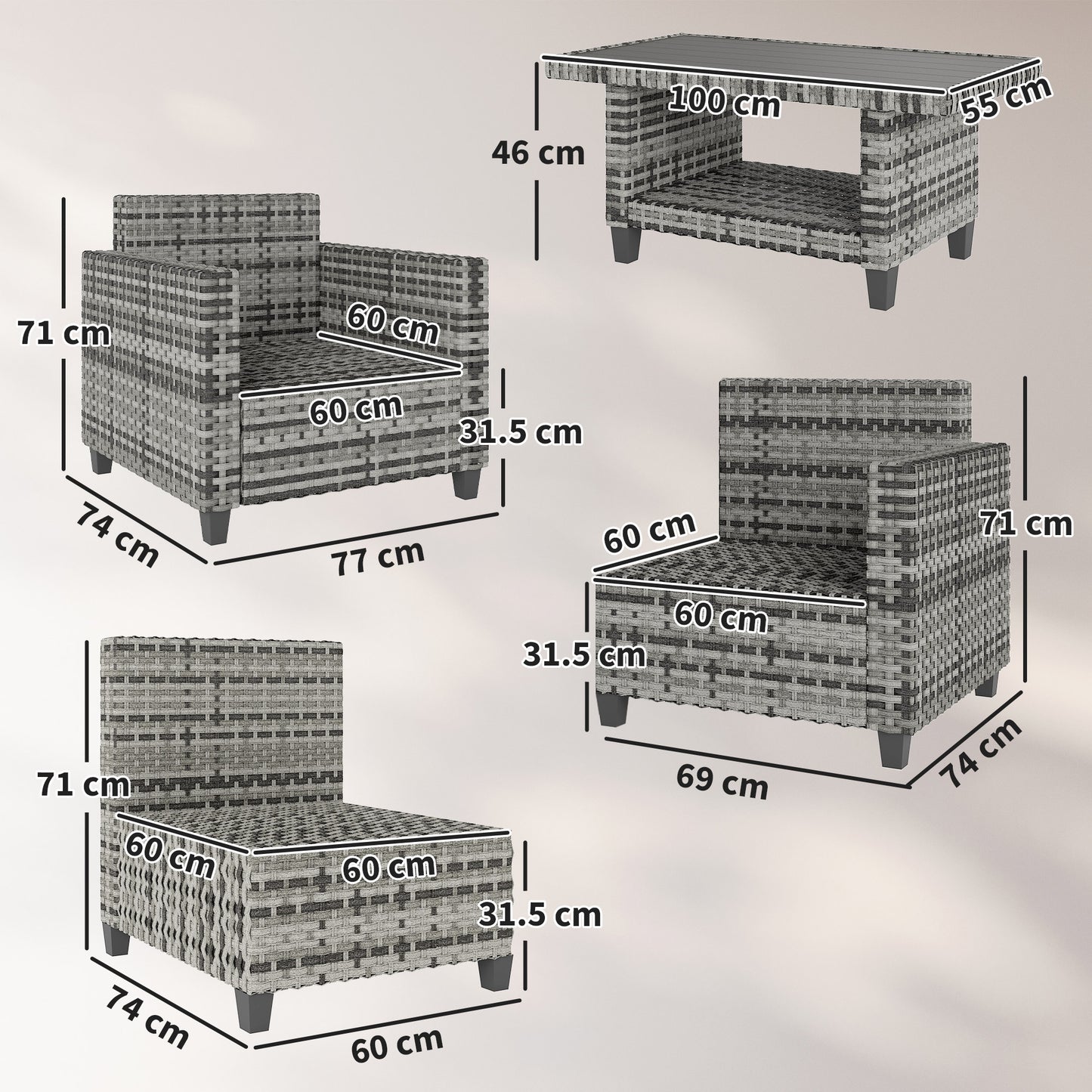 Outsunny Six-Piece Modular Rattan Sofa Set - Light Grey