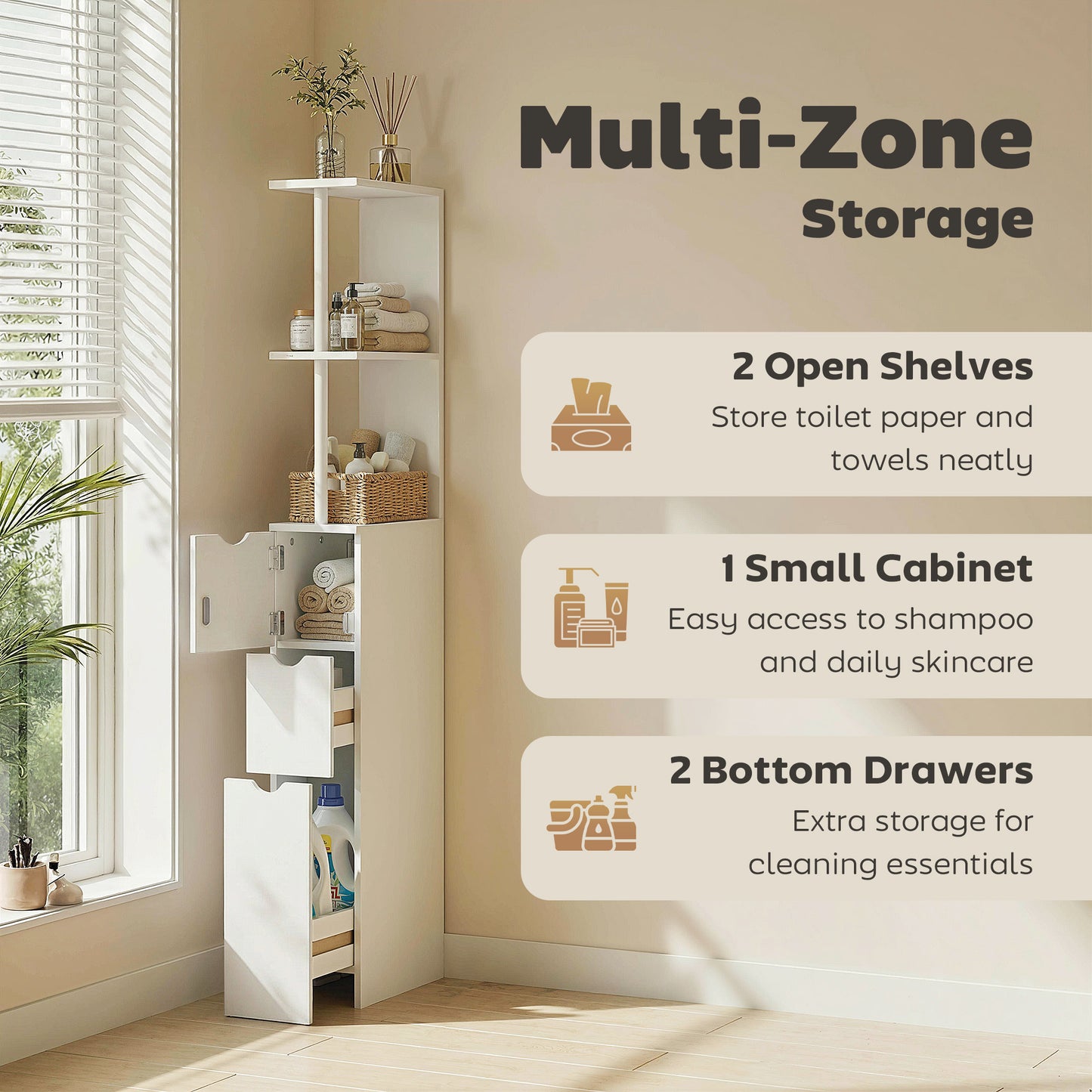 HOMCOM Slim Bathroom Storage Cabinet with Drawers, Tall Bathroom Cupboard with 2-Tier Shelf, White