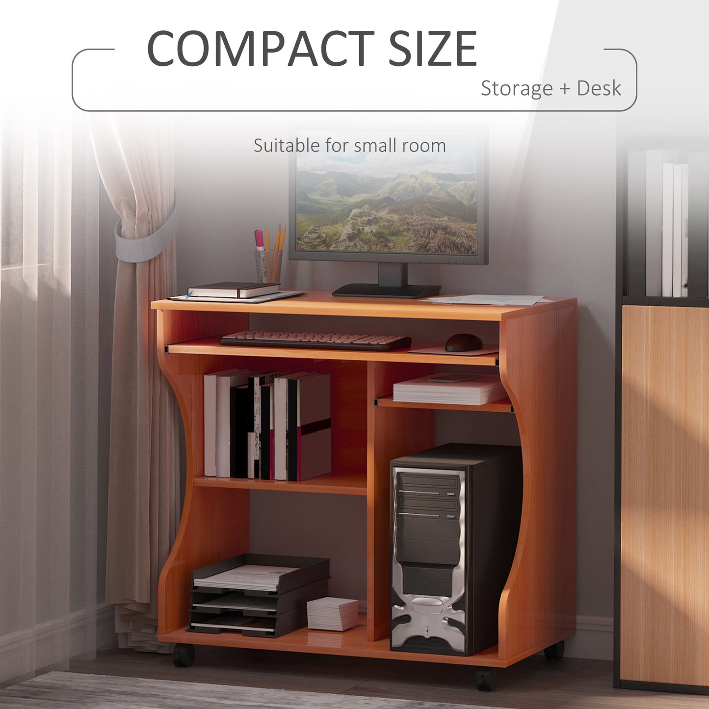HOMCOM Multi-Storage Compact Work Desk, with Wheels - Cherry Wood Colour--ChewyGames-ChewyGames