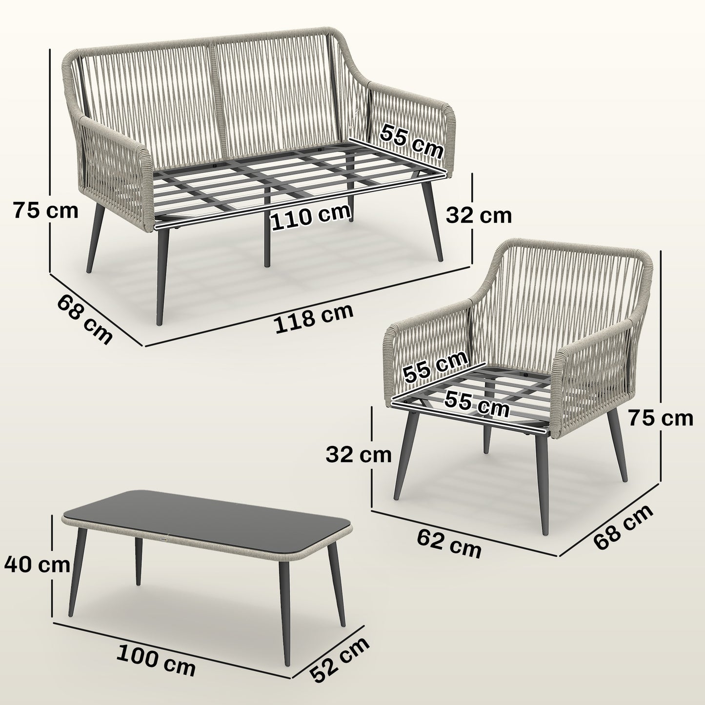 Outsunny Rattan Garden Furniture Set, 4 Piece Outdoor Patio Furniture with Tempered Glass Table and Chairs, Indoor Balcony Conservatory Set