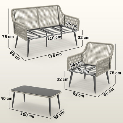 Outsunny Rattan Garden Furniture Set, 4 Piece Outdoor Patio Furniture with Tempered Glass Table and Chairs, Indoor Balcony Conservatory Set