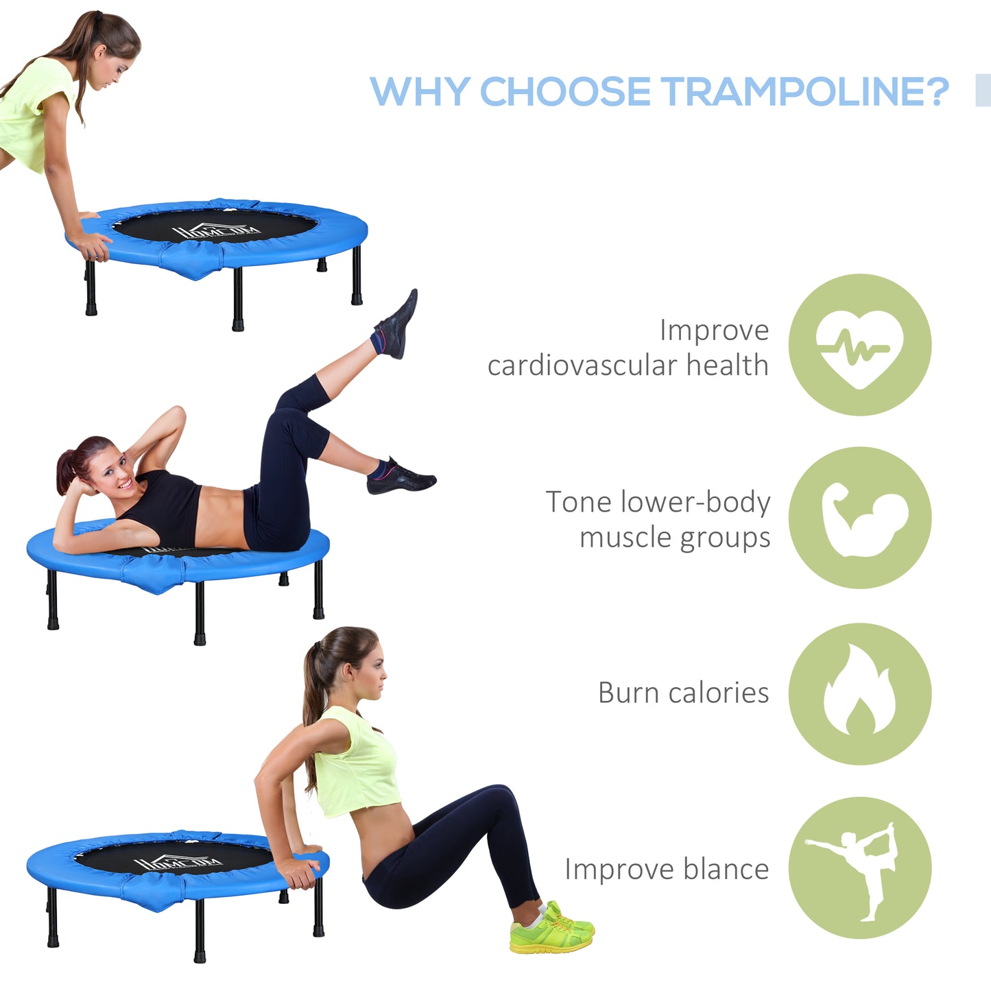 HOMCOM 38" Mini Fitness Trampoline Home Gym Yoga Exercise Rebounder Indoor Outdoor Jumper with Safety Pad, Support Up to 150 KG, Blue and Black
