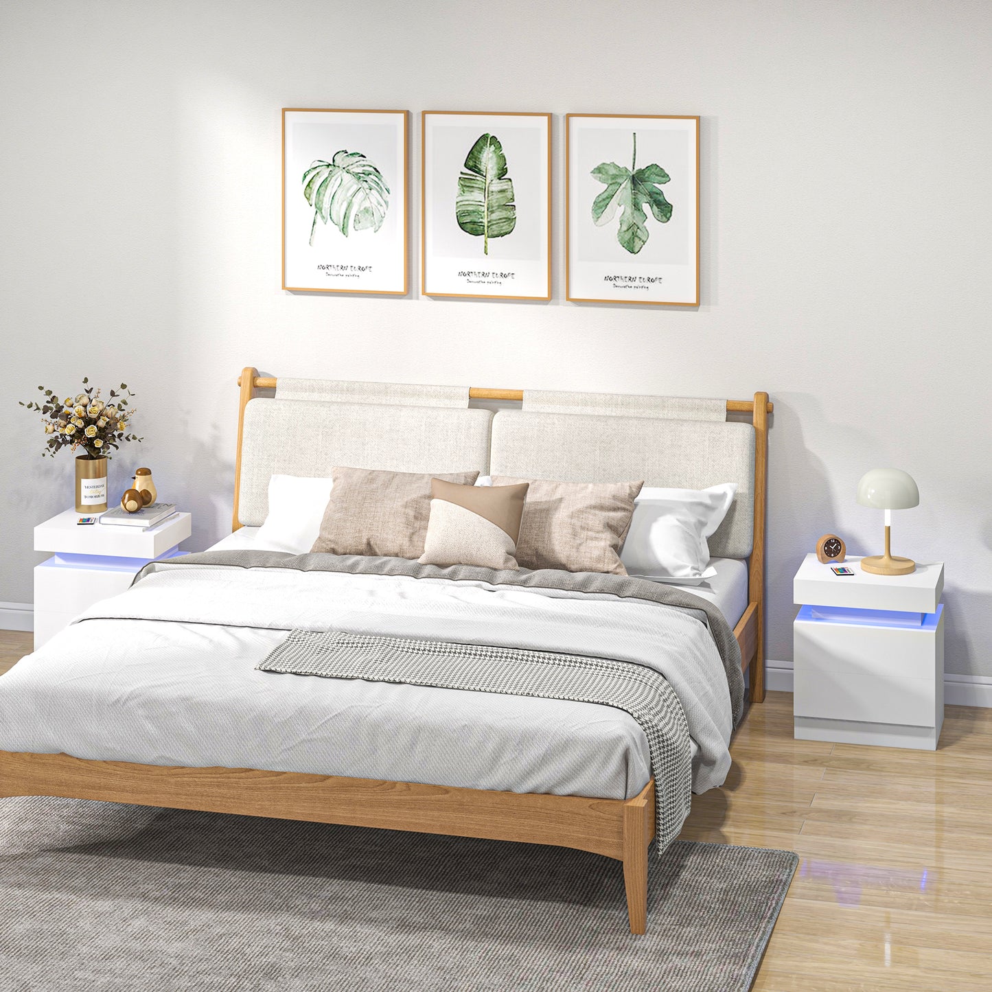 HOMCOM Set of 2 White Bedside Tables with LED Lights, High Gloss Front Nightstands with 4 Drawers