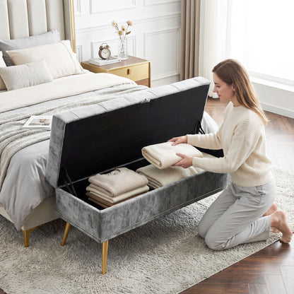 HOMCOM Storage Ottoman, Chenille Upholstered Ottoman Storage Box with Padded Seat, Metal Legs, 114 x 41 x 45 cm, Grey