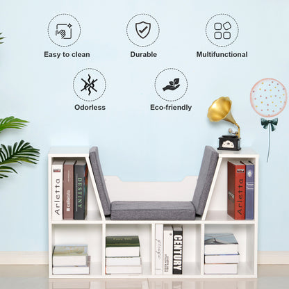 HOMCOM Bookcase Storage Shelf with Cushioned Reading Seat, Cube Bookshelf Organizer for Bedroom Living Room, White
