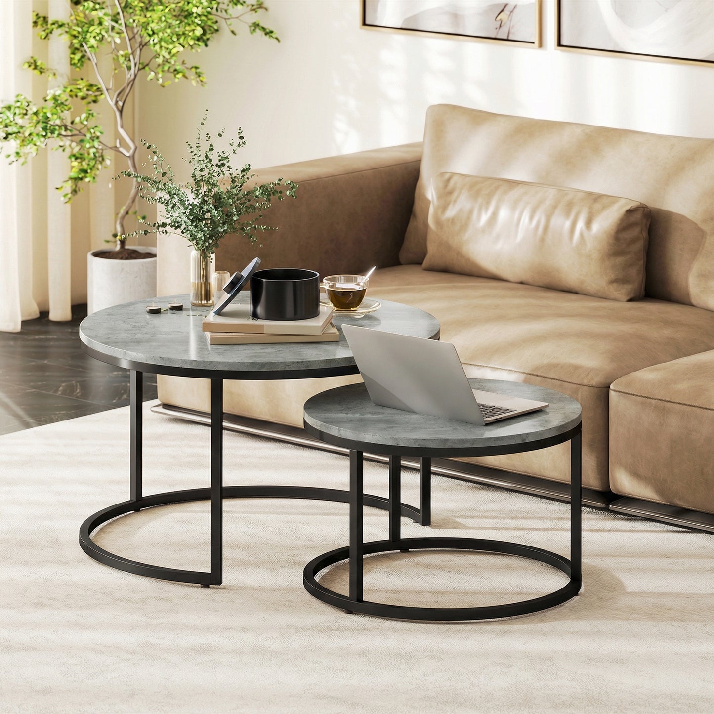 HOMCOM Set of Two Cement-Effect Stacking Tables - Grey
