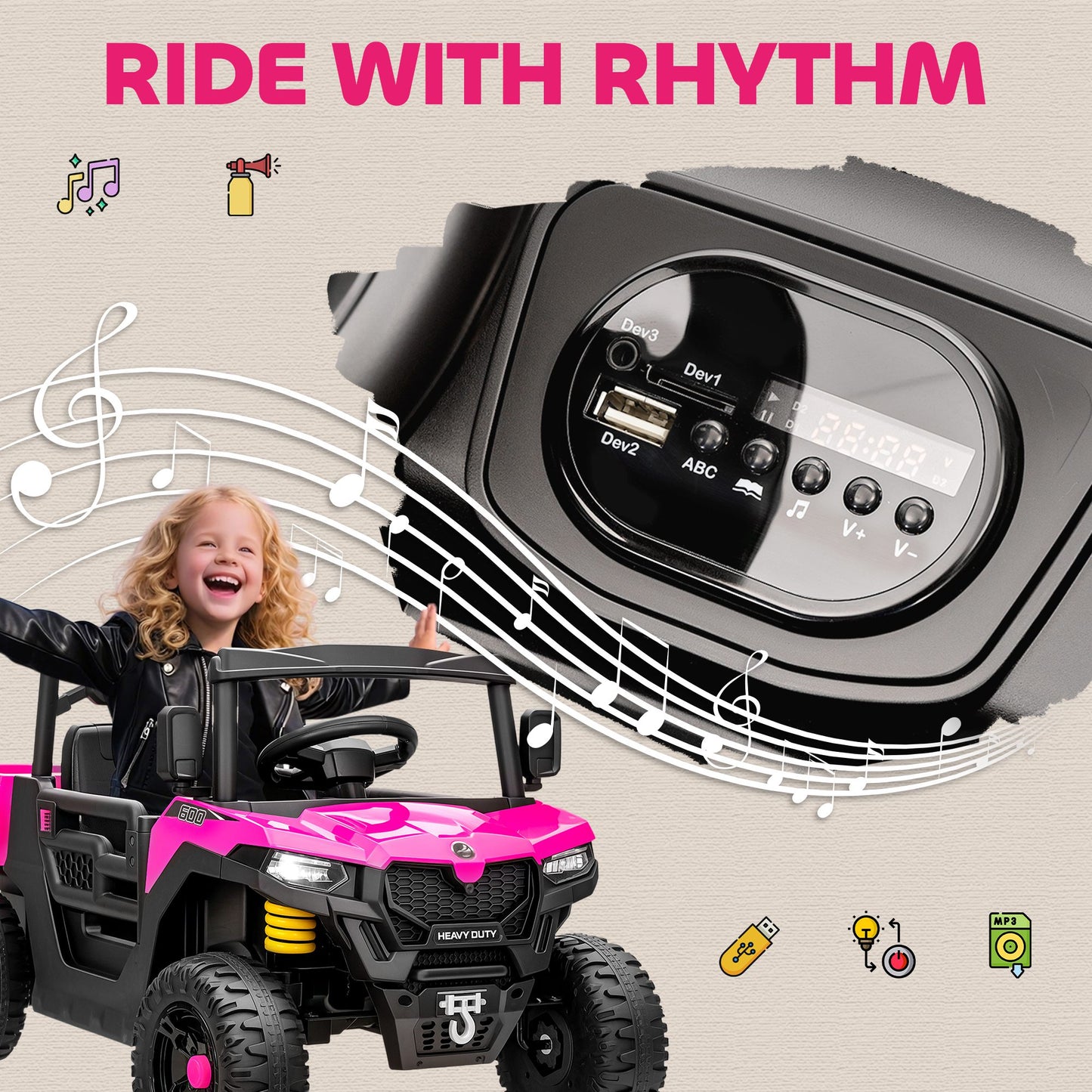 AIYAPLAY Kids Ride on Car, 12V Electric Kids UTV with Electric Dump Bed, 4-Wheel Suspension for 3-8 Years, Pink
