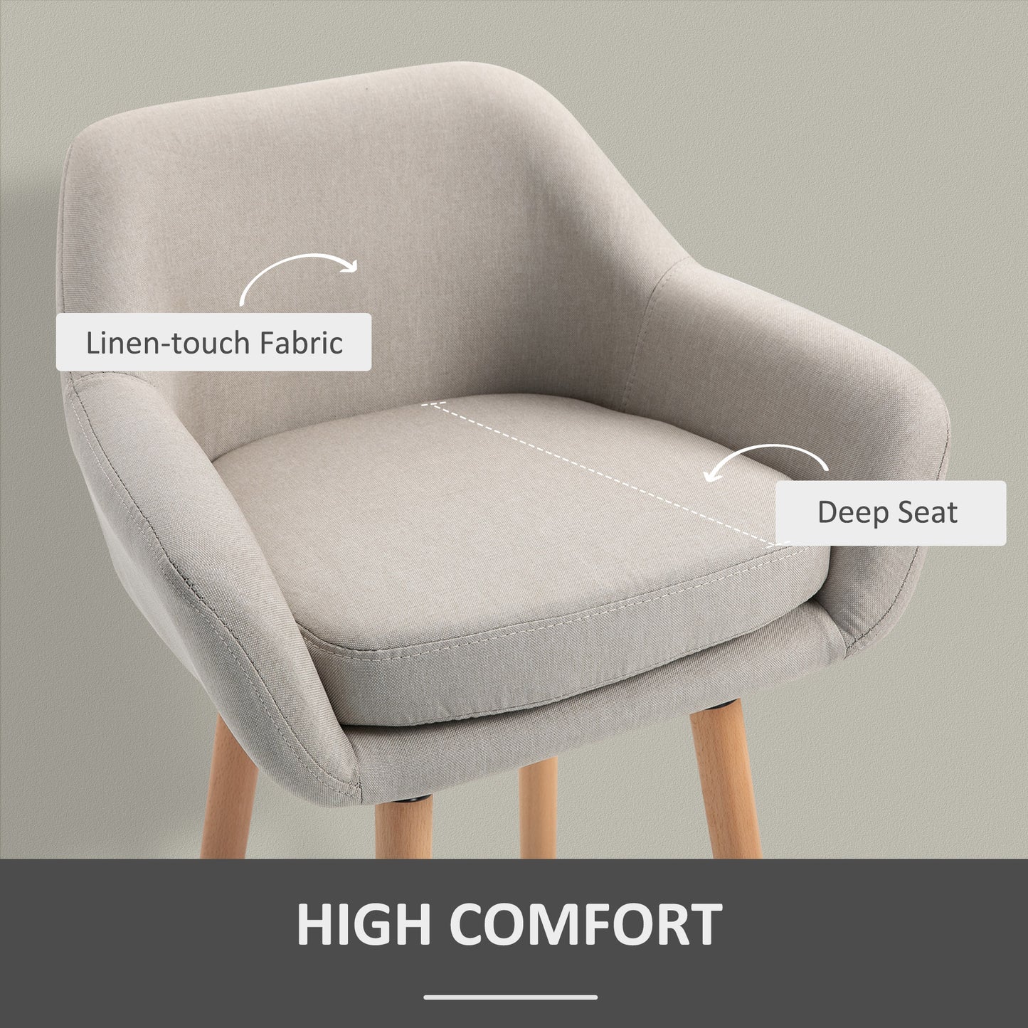 HOMCOM Set of 2 Bar Stools Modern Upholstered Seat Bar Chairs with Metal Frame, Solid Wood Legs Living Room Dining Room Fabric Furniture - Beige